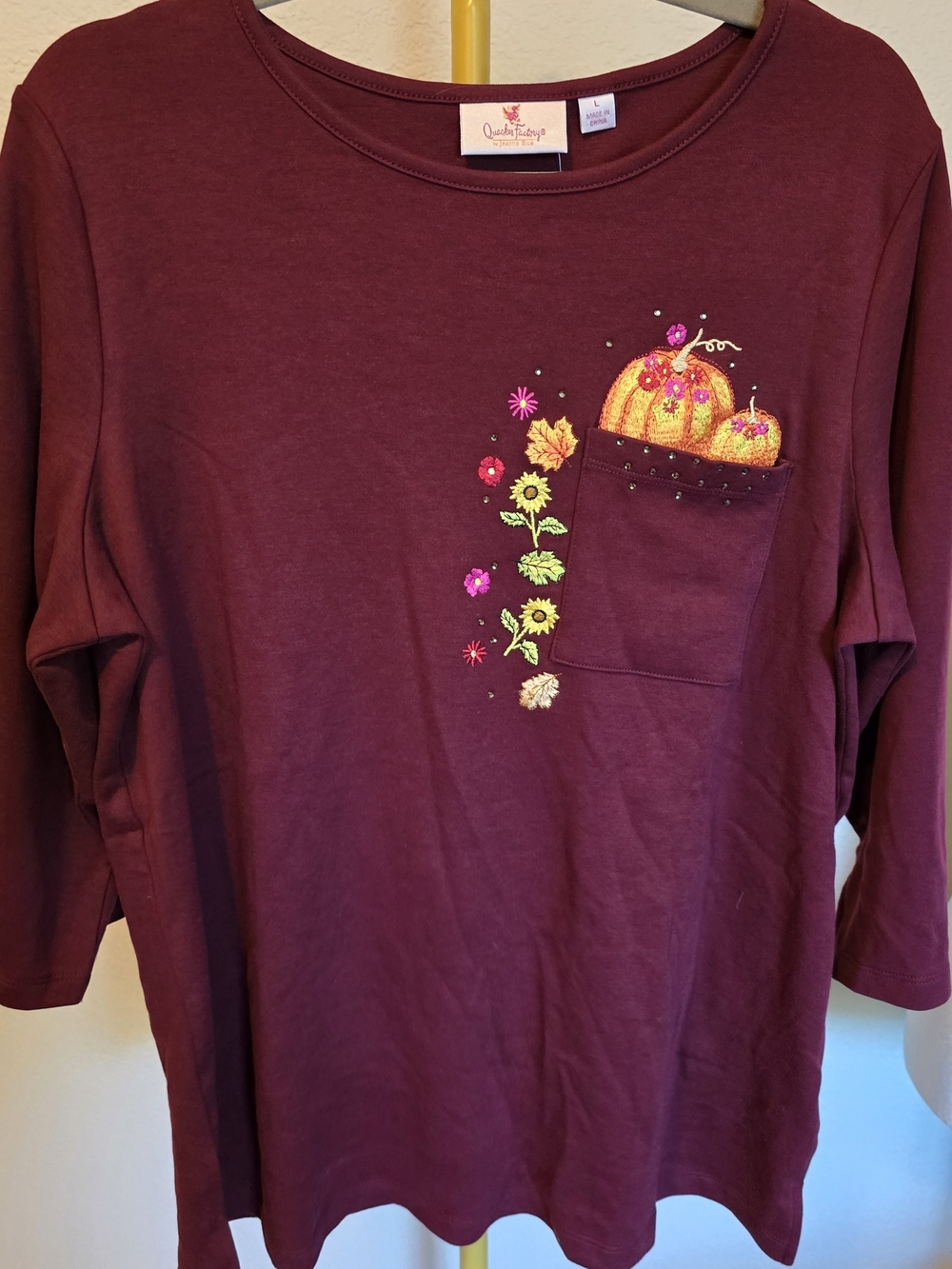 Quacker Factory Burgundy Embroidered Fall Pocket Tunic LARGE